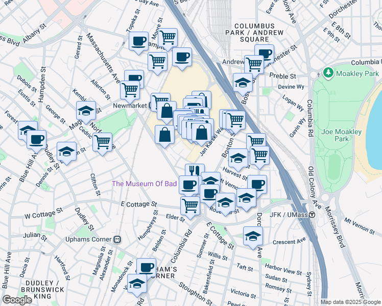 map of restaurants, bars, coffee shops, grocery stores, and more near 55 Enterprise Street in Boston