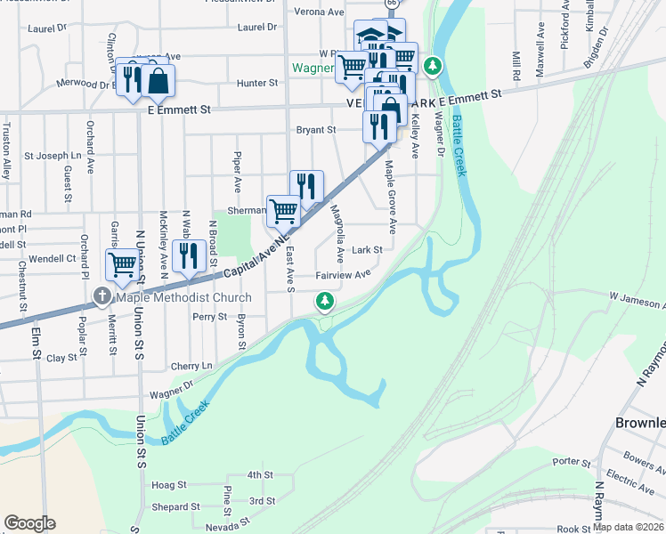map of restaurants, bars, coffee shops, grocery stores, and more near 52 Fairview Avenue in Battle Creek