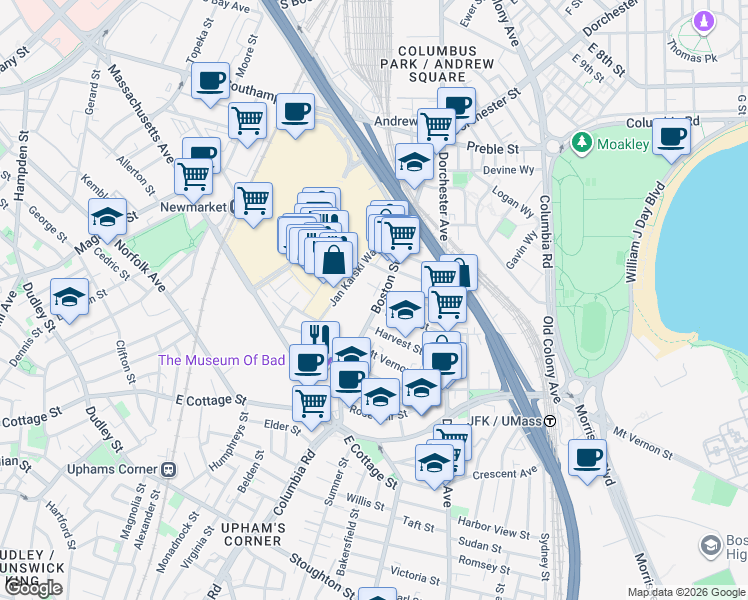 map of restaurants, bars, coffee shops, grocery stores, and more near 56 Dorset Street in Boston