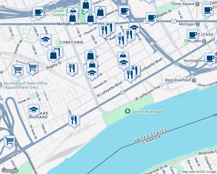 map of restaurants, bars, coffee shops, grocery stores, and more near 1693 West Lafayette Boulevard in Detroit