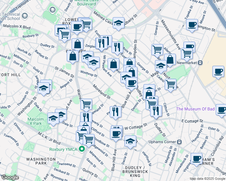 map of restaurants, bars, coffee shops, grocery stores, and more near Winthrop Street in Boston