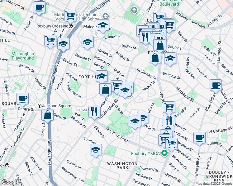 map of restaurants, bars, coffee shops, grocery stores, and more near 2679 Washington Street in Boston