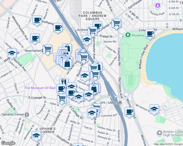 map of restaurants, bars, coffee shops, grocery stores, and more near 17 Dorset Street in Boston