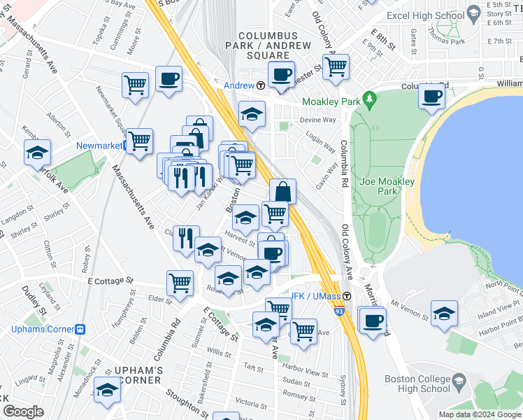 map of restaurants, bars, coffee shops, grocery stores, and more near 17 Dorset Street in Boston