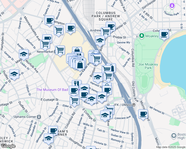 map of restaurants, bars, coffee shops, grocery stores, and more near 56 Dorset Street in Boston
