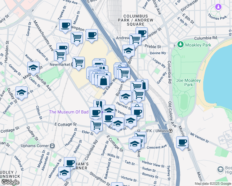 map of restaurants, bars, coffee shops, grocery stores, and more near 56 Dorset Street in Boston