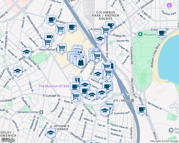 map of restaurants, bars, coffee shops, grocery stores, and more near 56 Dorset Street in Boston