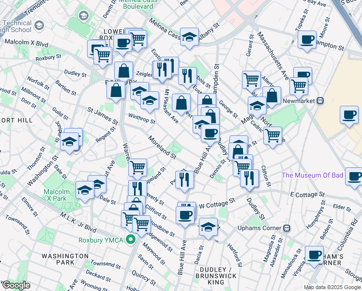 map of restaurants, bars, coffee shops, grocery stores, and more near 103 Winthrop Street in Boston