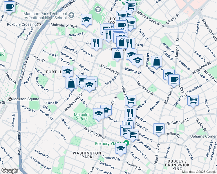 map of restaurants, bars, coffee shops, grocery stores, and more near 21a Circuit Street in Boston