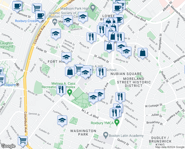 map of restaurants, bars, coffee shops, grocery stores, and more near 64B Regent Street in Boston