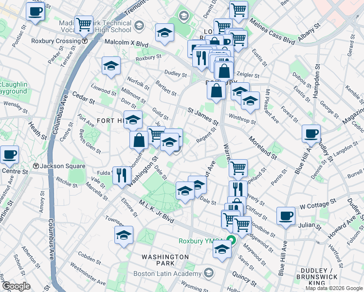 map of restaurants, bars, coffee shops, grocery stores, and more near 64B Regent Street in Boston