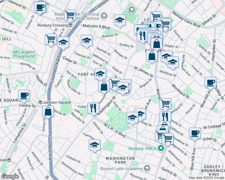 map of restaurants, bars, coffee shops, grocery stores, and more near 2679 Washington Street in Boston