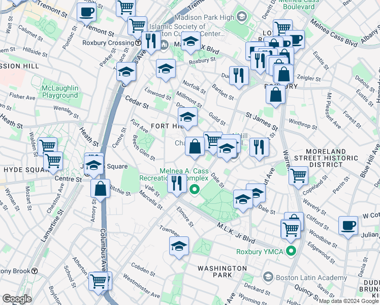 map of restaurants, bars, coffee shops, grocery stores, and more near 91 Thornton Street in Boston