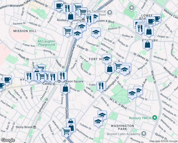 map of restaurants, bars, coffee shops, grocery stores, and more near 65 Beech Glen Street in Boston