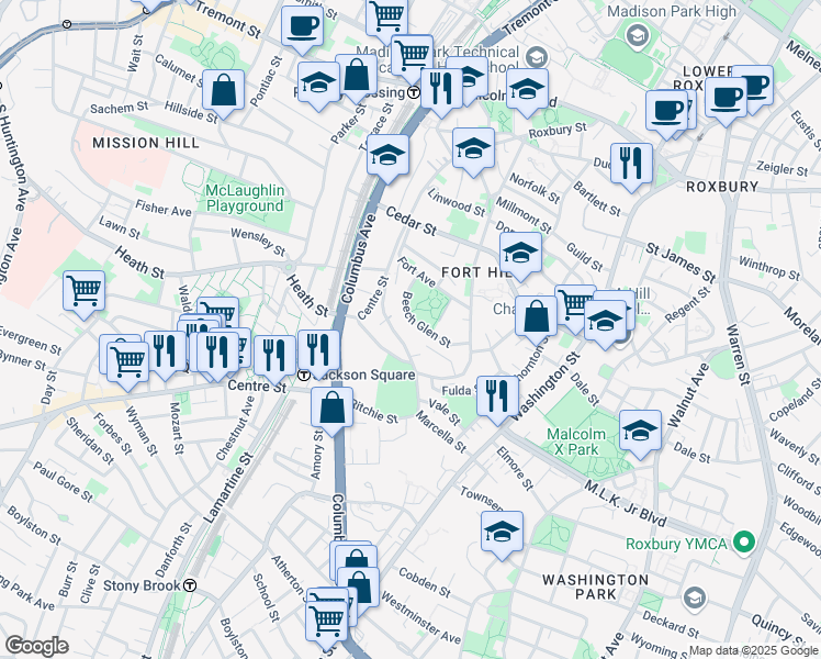 map of restaurants, bars, coffee shops, grocery stores, and more near 91 Marcella Street in Boston
