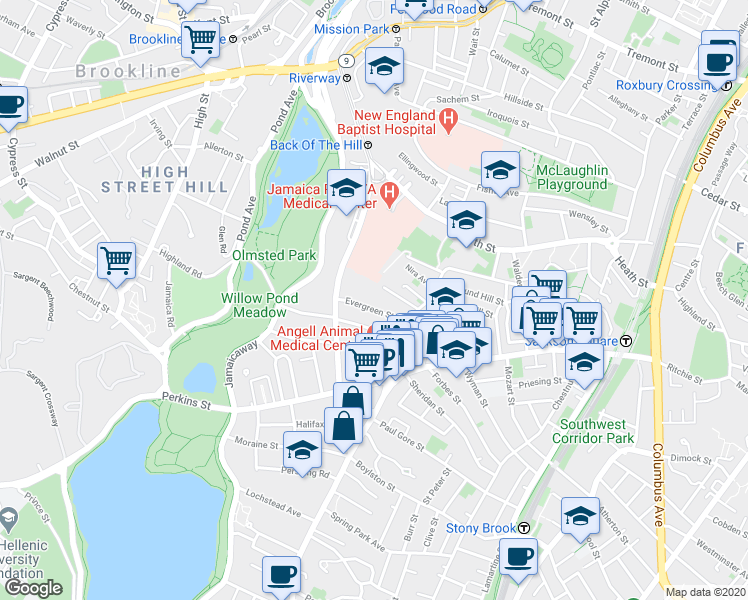 map of restaurants, bars, coffee shops, grocery stores, and more near 28 Evergreen Street in Boston