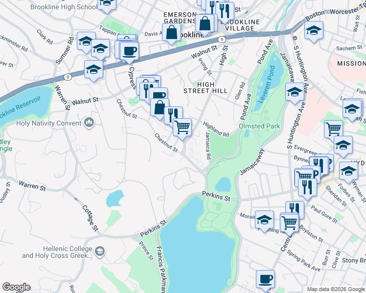 map of restaurants, bars, coffee shops, grocery stores, and more near 186 Chestnut Street in Brookline