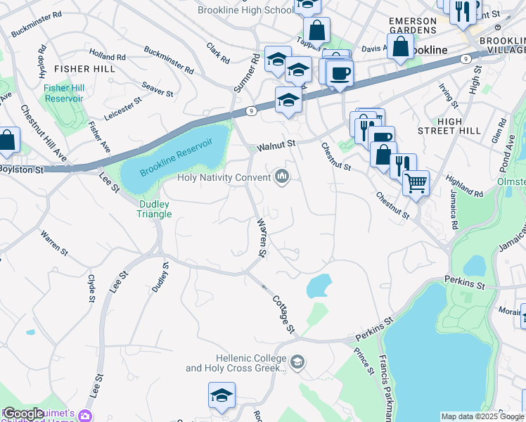 map of restaurants, bars, coffee shops, grocery stores, and more near 143 Warren Street in Brookline
