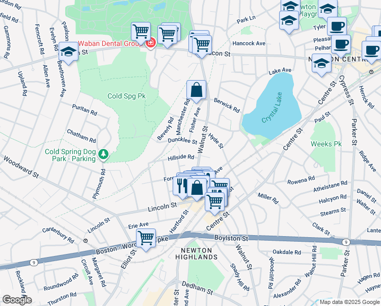 map of restaurants, bars, coffee shops, grocery stores, and more near 20 Hillside Road in Newton