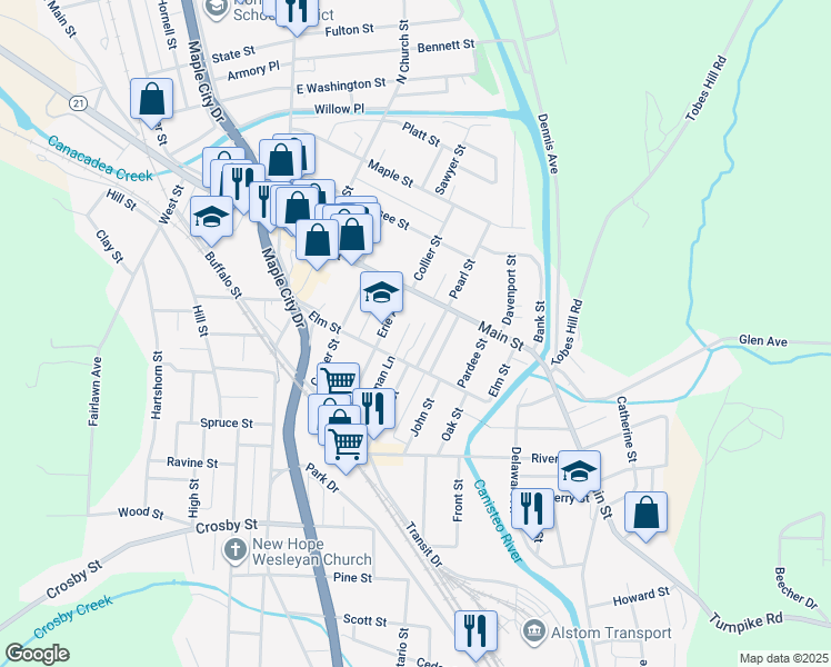 map of restaurants, bars, coffee shops, grocery stores, and more near 66 Elm Street in Hornell