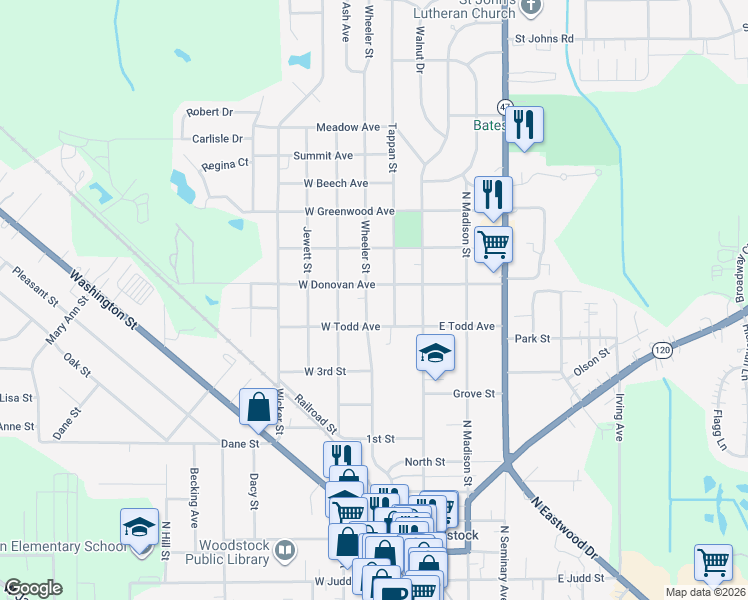 map of restaurants, bars, coffee shops, grocery stores, and more near 908 Wheeler Street in Woodstock