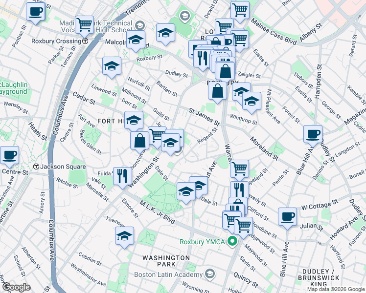 map of restaurants, bars, coffee shops, grocery stores, and more near 64B Regent Street in Boston