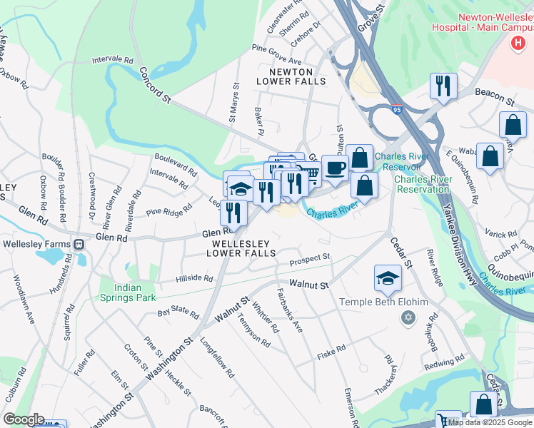 map of restaurants, bars, coffee shops, grocery stores, and more near 36 Washington Street in Wellesley
