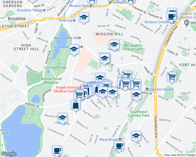 map of restaurants, bars, coffee shops, grocery stores, and more near 47A Creighton Street in Boston