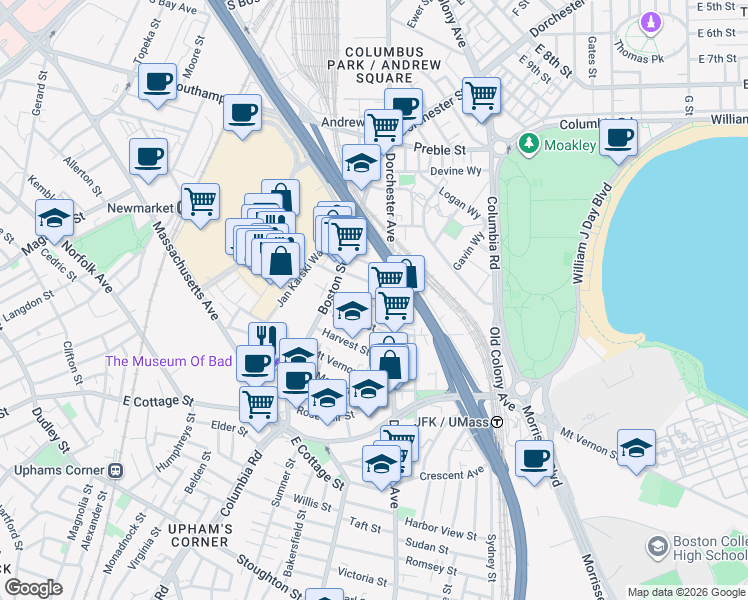 map of restaurants, bars, coffee shops, grocery stores, and more near 17 Dorset Street in Boston