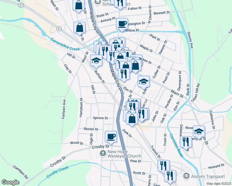 map of restaurants, bars, coffee shops, grocery stores, and more near Broadway in Hornell