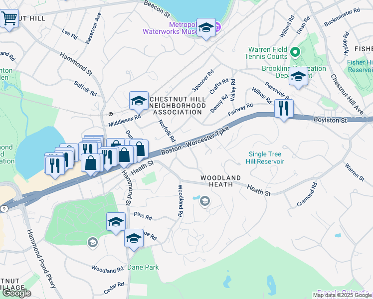 map of restaurants, bars, coffee shops, grocery stores, and more near 5 Jefferson Road in Brookline