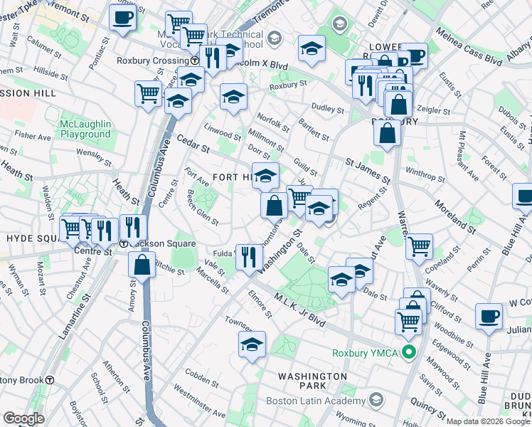 map of restaurants, bars, coffee shops, grocery stores, and more near 91 Thornton Street in Boston