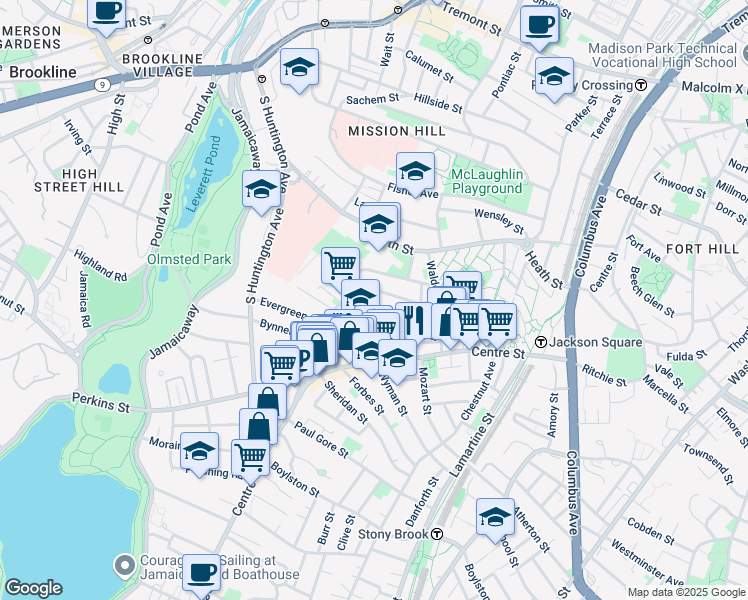 map of restaurants, bars, coffee shops, grocery stores, and more near 21 Edge Hill Street in Boston