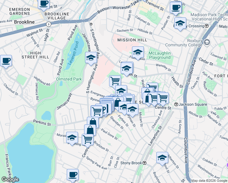 map of restaurants, bars, coffee shops, grocery stores, and more near Arcola Street in Boston