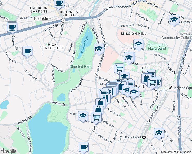 map of restaurants, bars, coffee shops, grocery stores, and more near S Huntington Ave & Evergreen St in Boston
