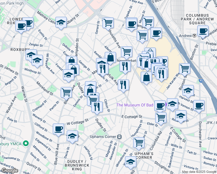 map of restaurants, bars, coffee shops, grocery stores, and more near 69 Shirley Street in Boston