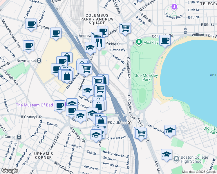 map of restaurants, bars, coffee shops, grocery stores, and more near 33 Von Hillern Street in Boston