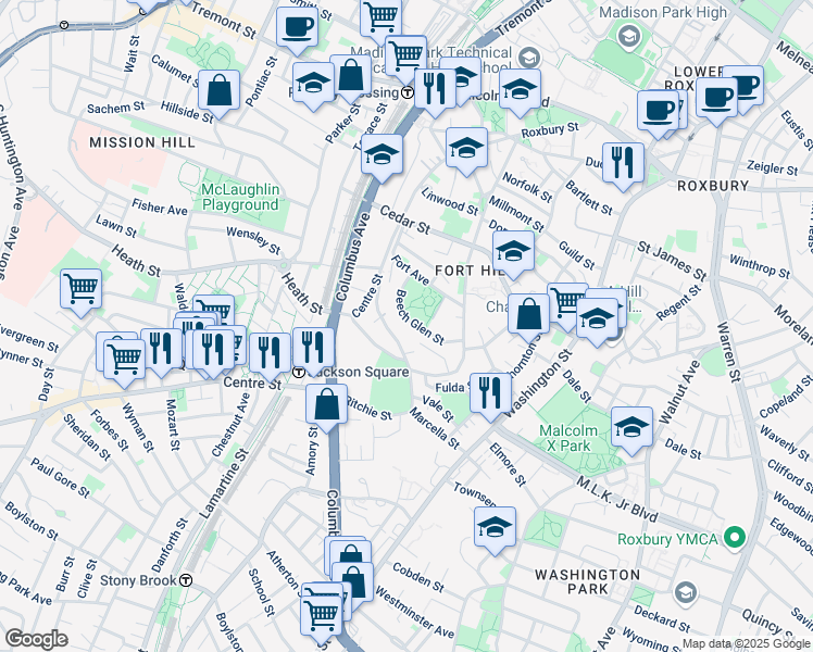 map of restaurants, bars, coffee shops, grocery stores, and more near 47 Beech Glen Street in Boston