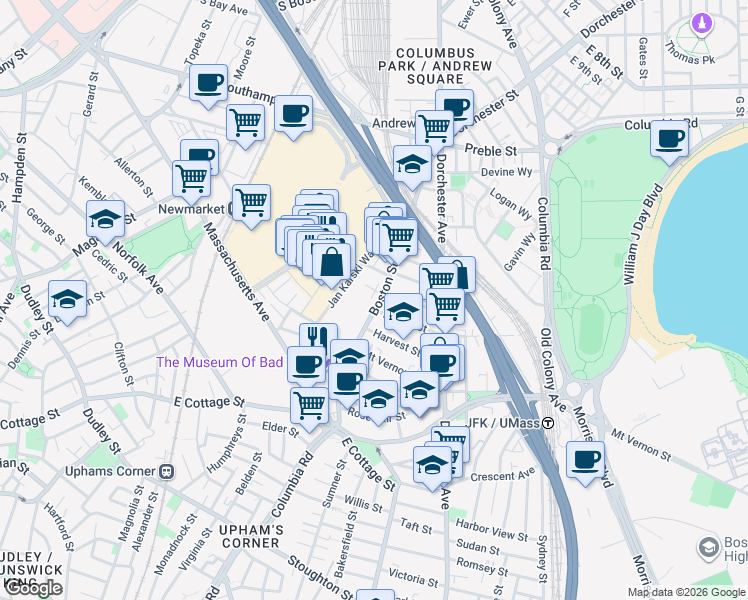 map of restaurants, bars, coffee shops, grocery stores, and more near 56 Dorset Street in Boston