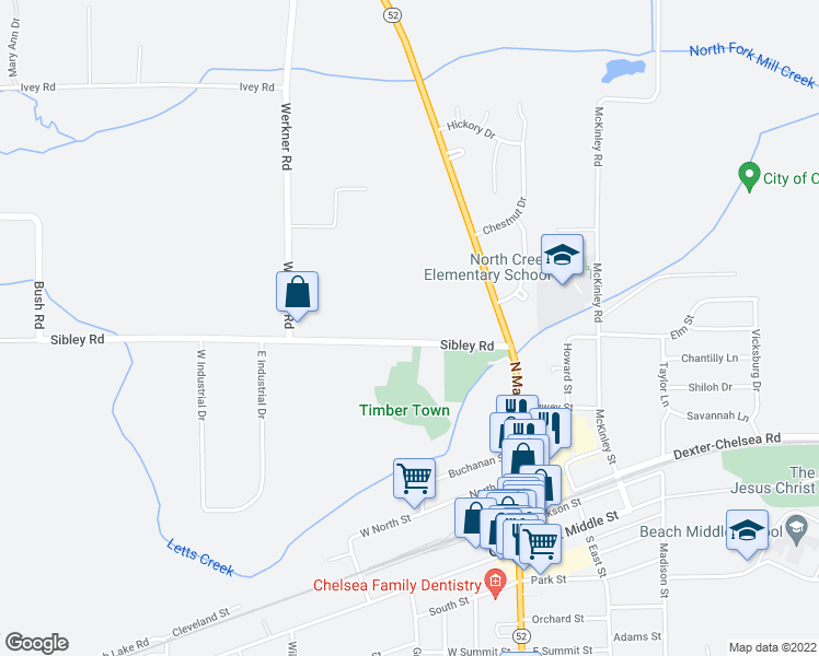 map of restaurants, bars, coffee shops, grocery stores, and more near 5955 Sibley Road in Chelsea
