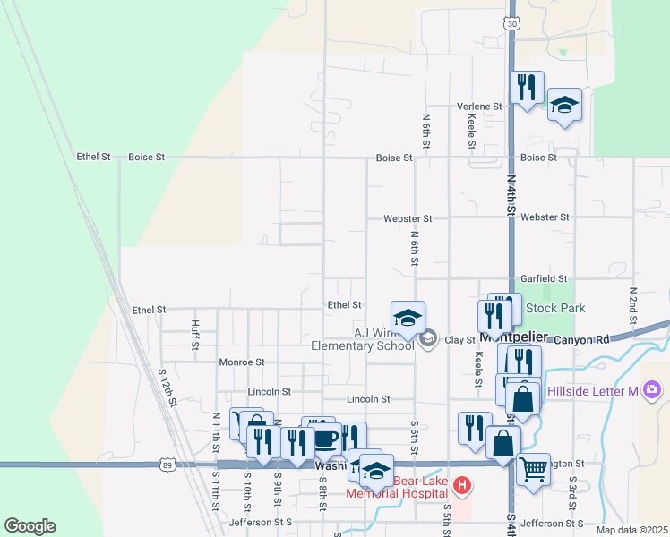 map of restaurants, bars, coffee shops, grocery stores, and more near 530 North 8th Street in Montpelier