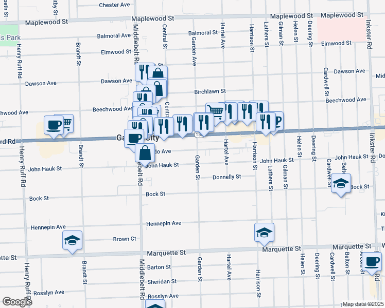 map of restaurants, bars, coffee shops, grocery stores, and more near 28918 John Hauk Street in Garden City