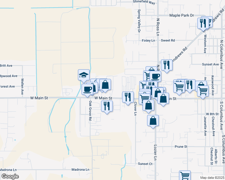 map of restaurants, bars, coffee shops, grocery stores, and more near 2642 West Main Street in Medford
