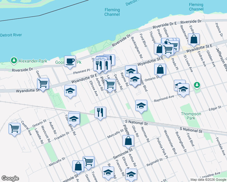 map of restaurants, bars, coffee shops, grocery stores, and more near 908 Pillette Road in Windsor