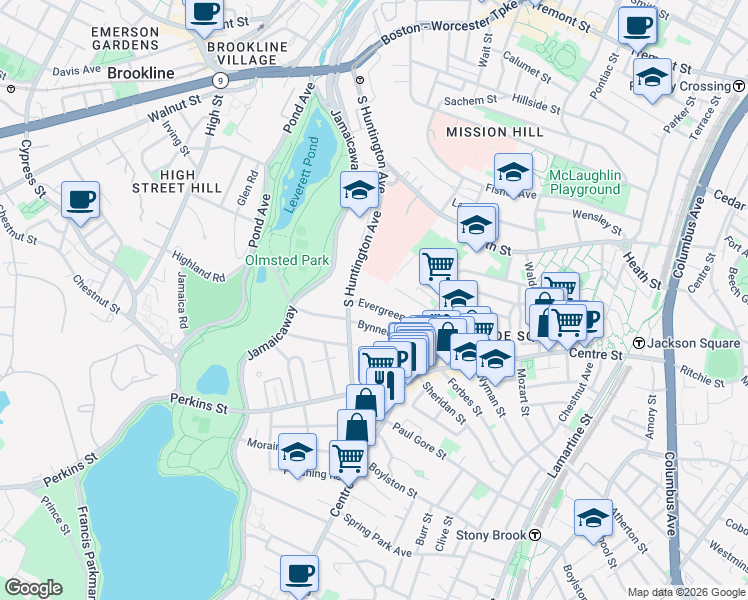map of restaurants, bars, coffee shops, grocery stores, and more near 53 Evergreen Street in Boston