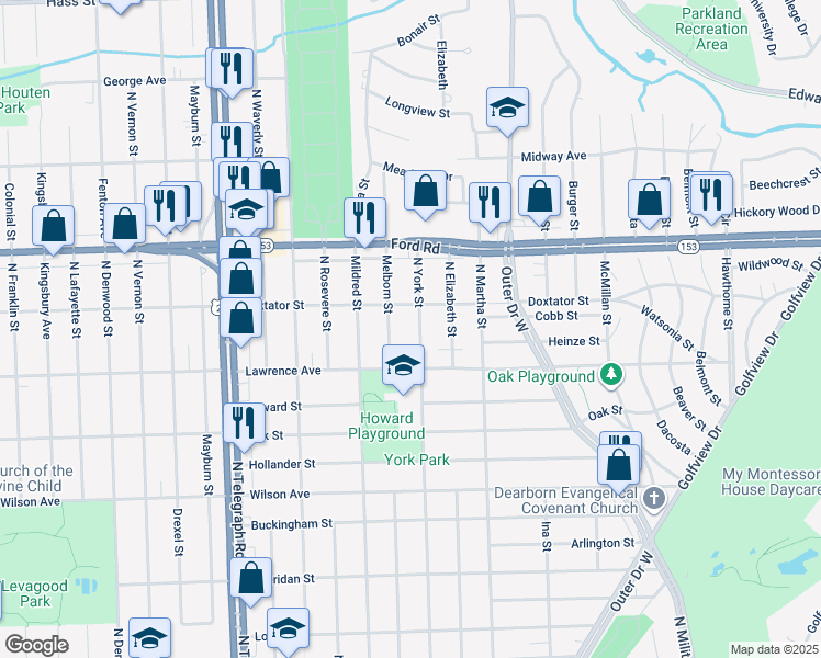 map of restaurants, bars, coffee shops, grocery stores, and more near 1735 North York Street in Dearborn