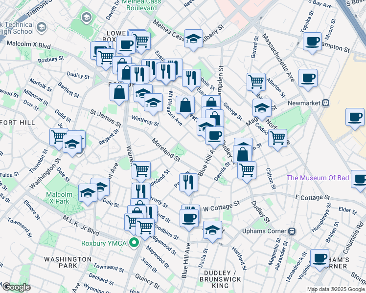 map of restaurants, bars, coffee shops, grocery stores, and more near Winthrop Street in Boston