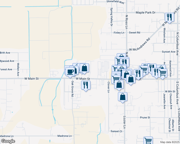 map of restaurants, bars, coffee shops, grocery stores, and more near 2636 W Main St in Medford
