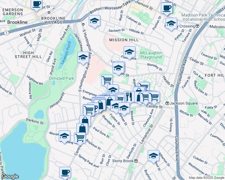 map of restaurants, bars, coffee shops, grocery stores, and more near 47A Creighton Street in Boston