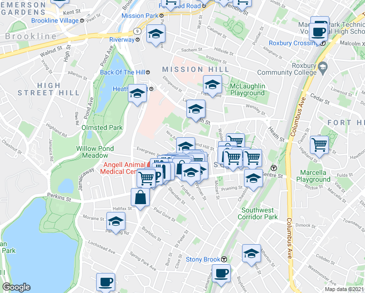 map of restaurants, bars, coffee shops, grocery stores, and more near 47A Creighton Street in Boston
